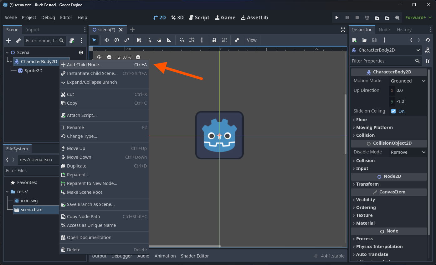Dodawanie CollisionShape2D do CharacterBody2D